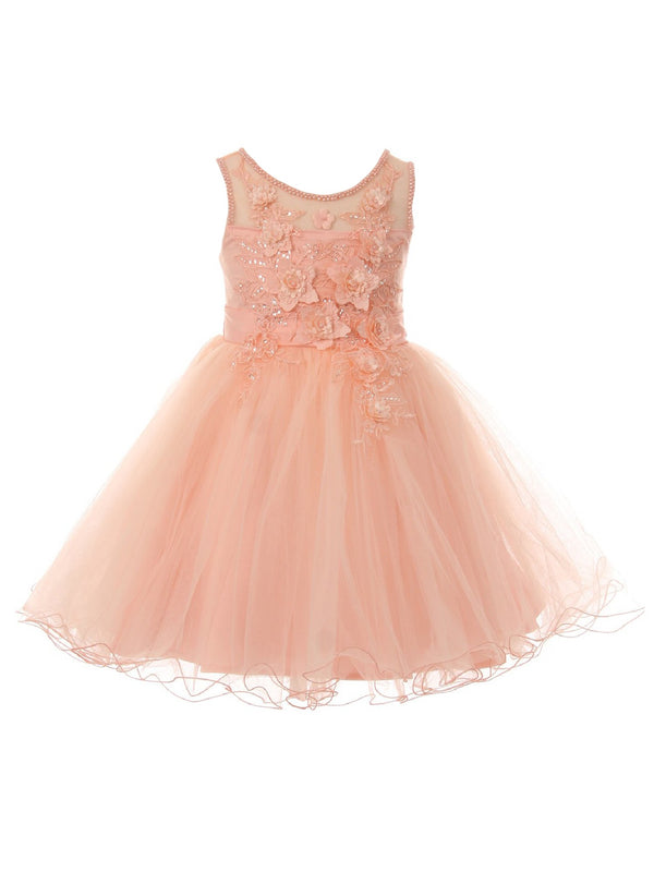 Little Girls Peach 3D Floral Sequin Wired Tulle Skirt Flower Girl Dress 2-6 - SophiasStyle.com